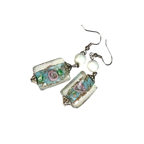 Glass Bead Earrings Rectangular Dangle Handmade Boho Jewelry Gift - Picture 3 of 8